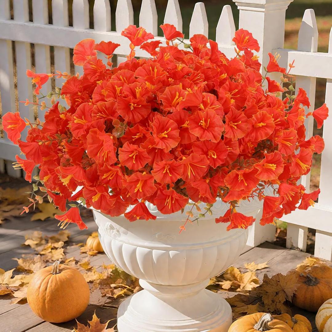 Geegoods Artificial Fall Flowers Outdoor  16 Bundles Morning Glory with Eucalyptus, UV Resistant Faux Plants for Porch, Patio, Front Door & Garden Planter Boxes | Lifelike Autumn Decoration (Orange)