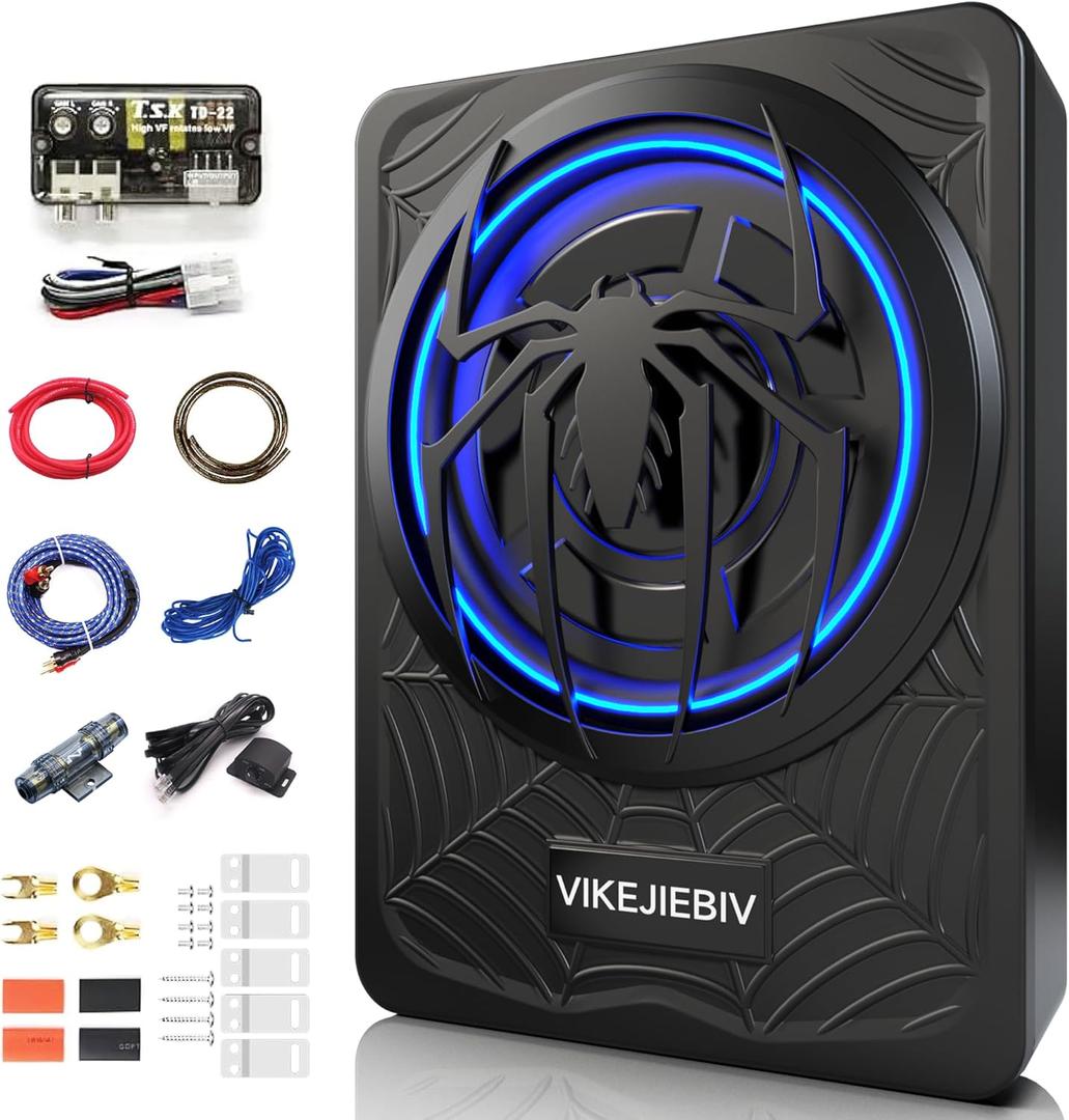 1200W Subwoofer, Slim Underseat Car Subwoofer and Amp Package with Ambient Light, Individual Control for Low Pass/Gain/Boost Bass, Loud Stereo Sound, Deep Bass Perfect for Truck/SUV/Jeep/MPV (Black) (Blue)