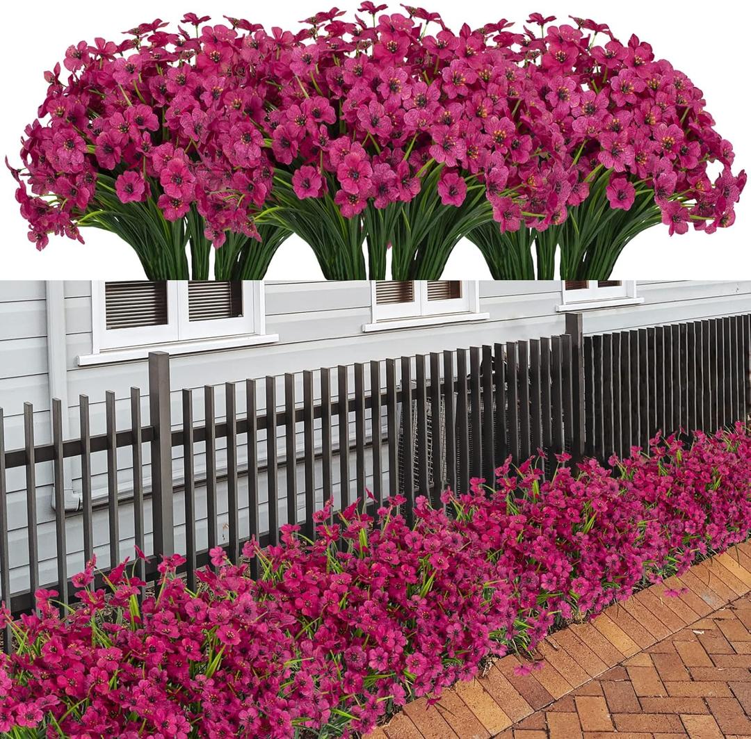 LikSoor 21 Bundles Artificial Outdoor UV Resistant Flowers No Fade Fake Outside Flowers Plastic Greenery Faux Shrubs Garden Porch Window Box Home Decoration(Rose Red)