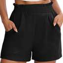 NILOINE Women's Casual High Waisted Shorts Smocked Elastic Waist Beach Shorts Flowy Loose Short Pant 2025 Summer Vacation Outfits(1-Black,Medium) (Black)