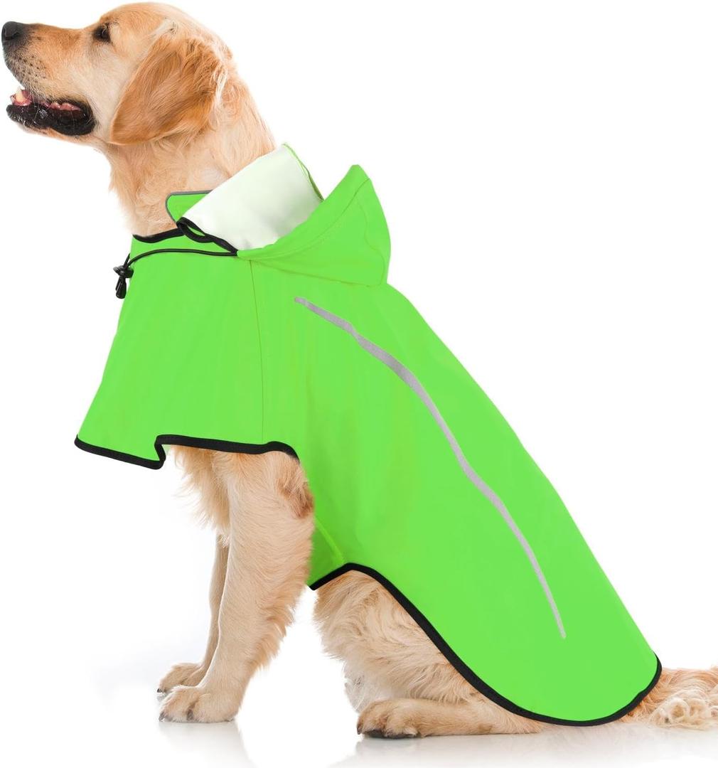 Flashseen Dog Rain Coat, Waterproof Dog Raincoat with Removable Hoodie, Pet Rain Jacket with Reflective Strip, Adjustable Lightweight Dog Hooded Raincoats for Large Dogs (Green)