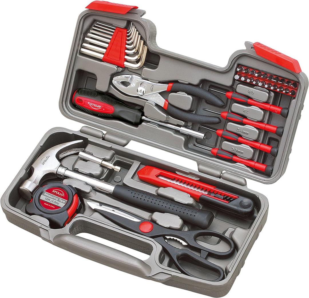 Apollo Tools Original 39 Piece General Household Tool Set in Toolbox Storage Case with Essential Hand Tools for Everyday Home Repairs, DIY and Crafts Red/Black - DT9706 (39-Piece (with Slip Joint Pliers + Scissors))