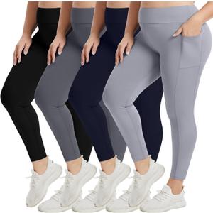 Coume 4 Pack Plus Size Leggings with Pockets for Women Plus Size High Waisted Yoga Pants for Gym Running (3X-Large, Black, Dark Gray, Navy Blue, Light Gray)