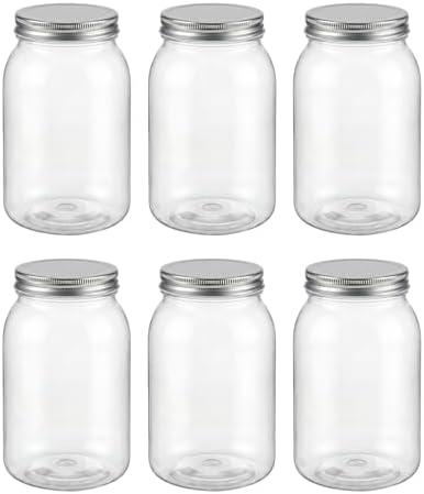 novelinks 32 oz Clear Plastic Jars with Lids, 6 Pack Large Plastic Mason Jars with Lids 32oz, Reusable Quart Containers for Kitchen Organization (6 Pack,Silver)