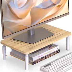 Bamboo Monitor Stand Riser, 4 Adjustable Height, Laptop Stand with Airflow Vents, Desk Organizer for Computer, PC, Printer (Natural) (1 pack)