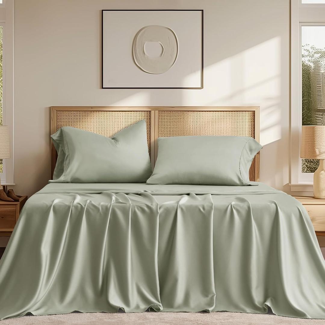 EVERGRACE Tencel Sheet Set Queen Size 4 PiecesSoft Cooling Bed Sheets for Hot Sleepers, Eucalyptus Lyocell Luxury Breathable Bedding Set, 1 Fitted Sheet, 1 Flat Sheet, 2 Shams, Sage Tea Green