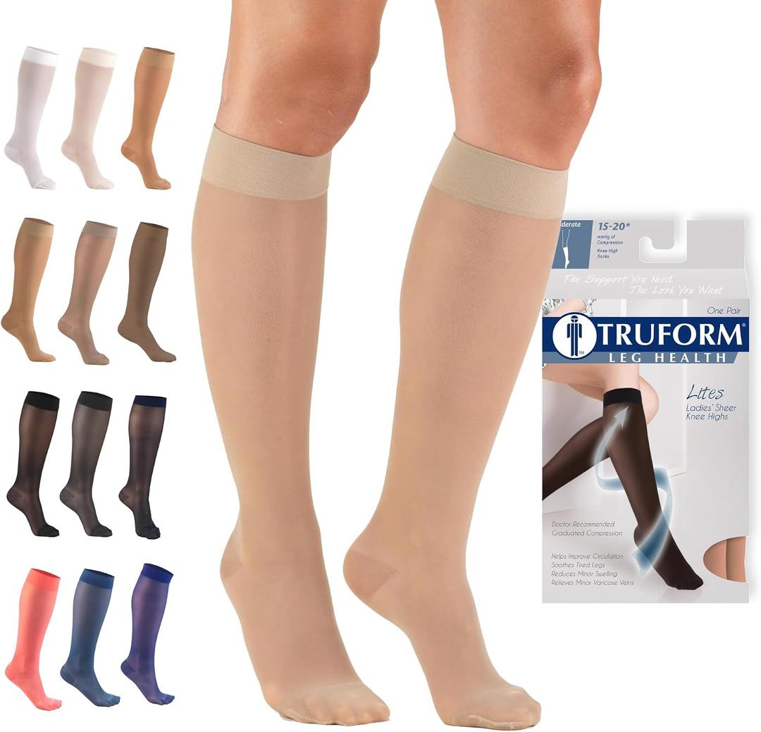 Truform Sheer Compression Stockings, 15-20 mmHg, Women's Knee High Length, 20 Denier, Nude, Medium