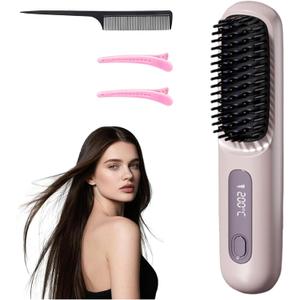 Go Brush Pro 2025 New Cordless Hair Straightener Brush - 199 Million Negative Ions, Compact & Travel-Friendly with LED Display, 4000mAh Rechargeable, Anti-Scald Mini Hot Comb for Women (Purple)
