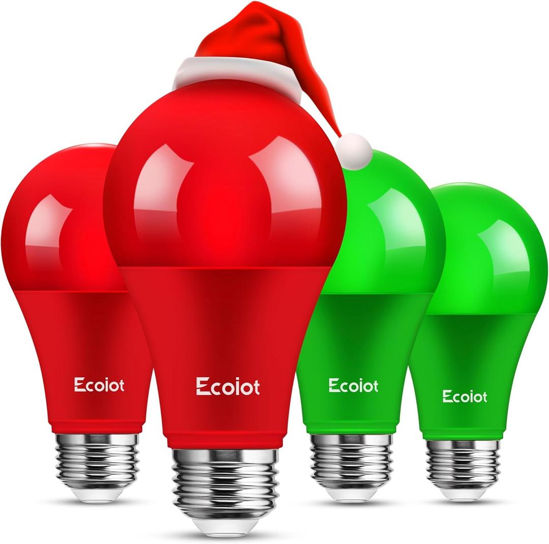 Red and Green Light Bulbs, Outdoor 4 Pack, 9W (60W Equivalent), 120V E26 Base A19 LED Halloween Light Bulb, Colored Bulb, Red and Green Bulbs for Christmas Decoration, Porch, Home Lighting