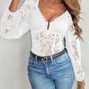 SweatyRocks Women's Lace Long Sleeve Corset Bodysuit Tops Sheer Mesh V neck Jumpsuit White A, Medium