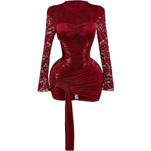 GORGLITTER Women's Lace Mini Dress Sheer Mesh Ruched Long Sleeve Bodycon Formal Night Out Birthday Party Sexy Dresses, Size M