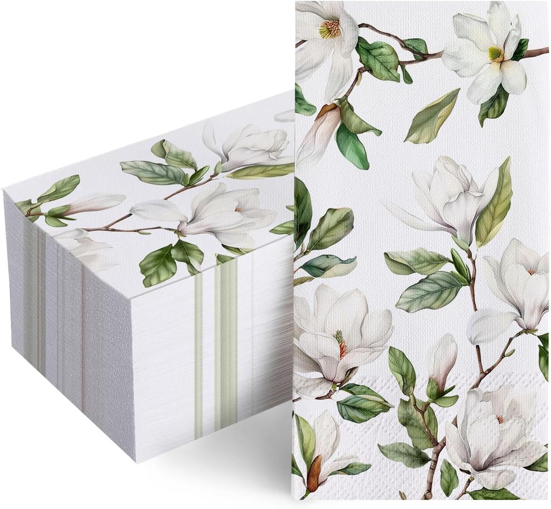 2 x 100 PCS Spring Summer Magnolia Flower Disposable Paper Napkins, Floral Bathroom Hand Towels Decorative Dinner Guest Napkin, Botanical Kitchen Dinning Table Party Decor 8 x 4 Inches