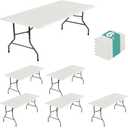 LUSHVIDA 6 Packs Vinyl Tablecloths with Flannel Backing for 8ft Rectangle Folding Table Cloths - Waterproof Plastic Picnic Table Covers with Elastic Corners, 30x96 inch, Ivory