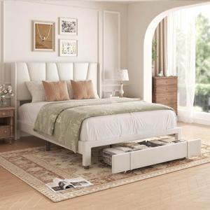 Full Bed Frame with Storage Drawers, Velvet Upholstered Platform Bed with 47" Tall Headboard and Wingboard, No Box Spring Needed, Noise Free, Easy Assembly, Wooden Support Slats, Beige