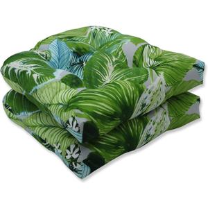 Pillow Perfect Tropic Botanical Indoor/Outdoor Tufted Wicker Seat Cushion, 2 Count, 19" x 19", Green Lush Leaf Jungle