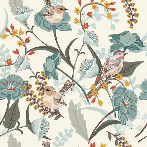 REDAMANCY Vintage Beige Cream Birds Red/Yellow Wildflowers Green Leaf Plants Peel and Stick Wallpaper Stick on Contact Paper Vintage Wall Paper Easy Peel Off for nightstand Drawer Cabinet Renter