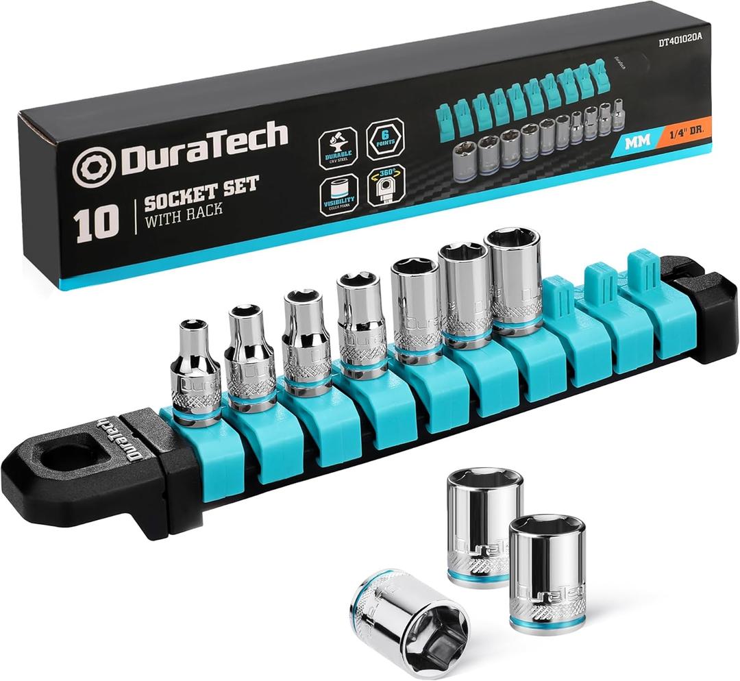 DURATECH 1/4" Drive Socket Set, Metric Socket Set 10PCS, Mechanic Metric Socket Sets with Storage Rack, 6-Point Shallow Socket Set, 4mm, 5mm, 6mm, 7mm, 8mm, 9mm, 10mm, 11mm, 12mm, 13mm