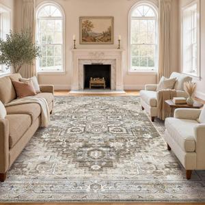 Washable Rug 9x12 Area Rugs: Boho Vintage Distressed Oriental Medallion Neutral Thin Large Rug Carpet for Living Room Bedroom Dining Room Home Office Decor - Brown Gray