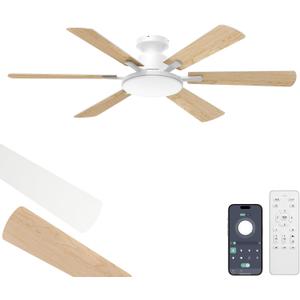 52 Inch Ceiling Fans with Lights, 6 Double Sided Blades, Ultra Quiet Reversible DC Motor, Remote & APP Control, 6 Speeds, 3CCT Dimmable LED with Memory Function, Flush Mount for Living Room, White