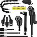 21 Pcs Right Angle Drill Attachment Set Includes 2Pcs Flexible Drill Bit Extension 3Pcs 360 Rotatable 1/4 3/8 1/2" Impact Grade Socket Adapter 3Pcs Drill Bit Holder 10 Short Screwdriver Bits