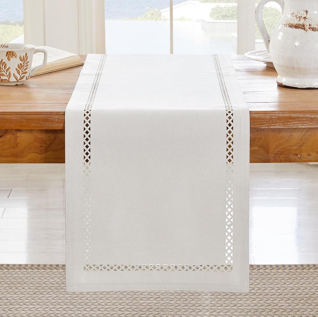 Burlap Style Farmhouse Table Runner, 13 x 90 Inch Off White, Rustic Geometric Hollow Table Runners 90 Inches Long for Dresser Table Everyday Use, 13x90 Inches, Off White