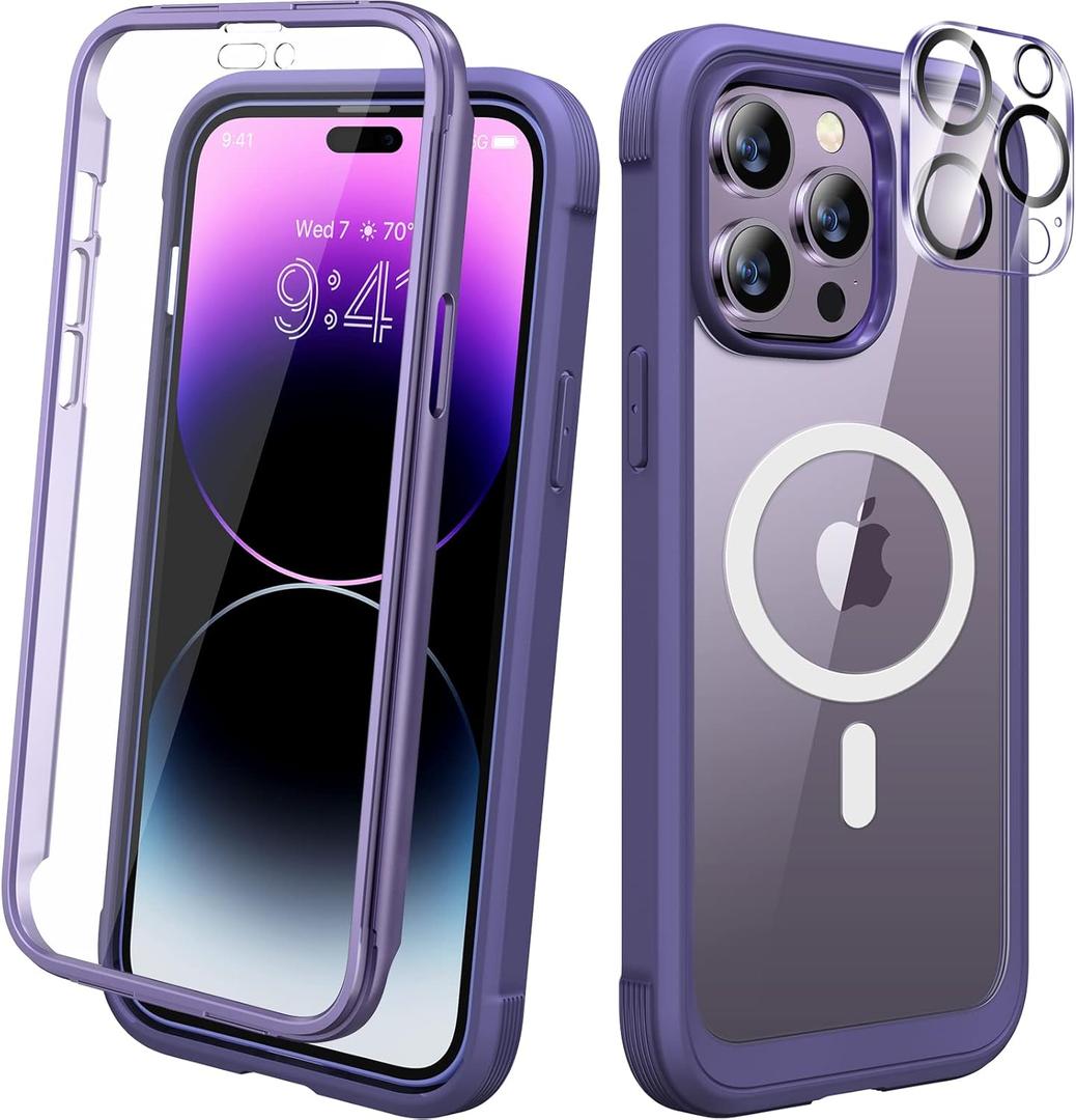 Diaclara Magnetic Designed for iPhone 14 Pro Case 6.1, [Compatible with MagSafe] Full Body Rugged Protective Case+ Camera Lens Protector with Built-in Screen Protector, Bumper (Royal Purple)