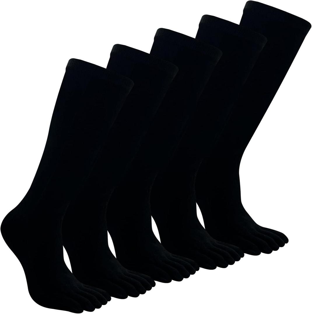 Toe Socks Athletic for Men - Women Five Finger Socks Cotton High Crew Socks for Running Sports Hiking 5 Pairs 6-12 (Black)
