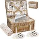 Willow Picnic Basket Set for 4 Persons with Large Insulated Cooler Bag and Waterproof Picnic Blanket, Wicker Picnic Hamper for Camping, Outdoor, Valentine Day, Chirtmas, Thanks Giving, Birthday (16x12x7.5inch, Beige Flower)