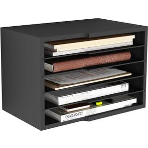 Desktop File Sorter with 4 Adjustable Shelves for Home and Office, Paper Letter Tray Organizer Wall Mount, Black