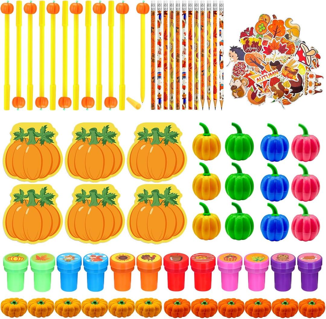 Cinrobiye 122 Pcs Fall Pumpkins Party Favors Maple Leaf Party Supplies Thanksgiving Day School Stationery Set Harvest Classrooms Reward Prizes Pencils Erasers Stickers Goodie Bag Fillers
