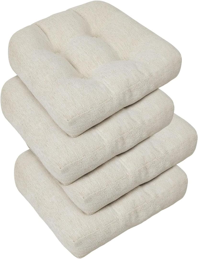 downluxe Chair Cushions for Dining Chairs 4 Pack, Tufted Indoor Chair Pads with Non-Slip Bottom, U-Shaped Kitchen Chair Cushions, 17"x17"x4", Beige
