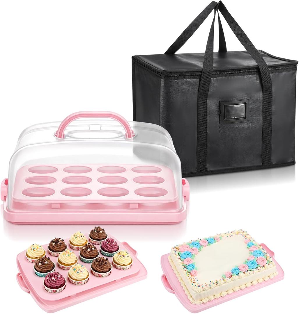 14.7 x 10.9 x 5.9 Inch Rectangle Cake Carrier with Lid and Handle Includes Cupcake Pie Holders Large Waterproof Portable Insulated Bag Pink Cake Carrier with Insert for Secure Dessert Delivery