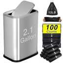 Bathroom Trash Can with Lid 8L/2.1 Gallon Silver Trash Can Small Garbage Can with Swing Top Lid Slim Stainless Steel Garbage Can with 100 Counts Trash Bags for Bathroom Bedroom Kitchen Office Toilet