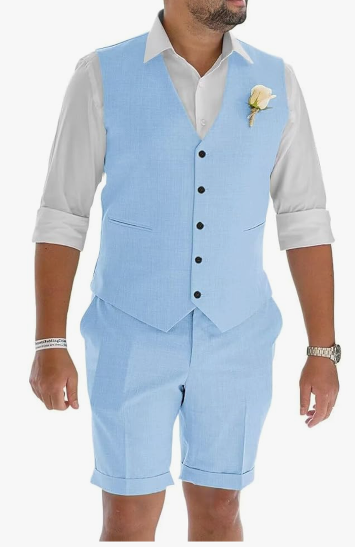 Mens Linen Suit 2 Piece Slim Fit Short Suits Lightweight Prom Tuxedo Vest and Short Pants for Summer Beach Wedding, Size XL