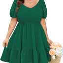 SCOMCHIC Women's Plus Size Summer Dresses Short Sleeve V Neck Casual A Line Spring Smocked Boho Cute Mini Short Dress (XXXL)
