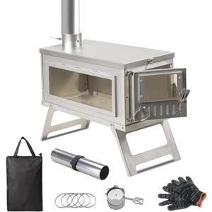 Ultralight Camping Stove Portable Wood Burning Stove for Tent, Camping, Outdoor Cooking, Hunting, Ice Fishing, 16.6 IN Outdoor Wood Stove with 8.2ft Foldable Chimney and Clear Glass