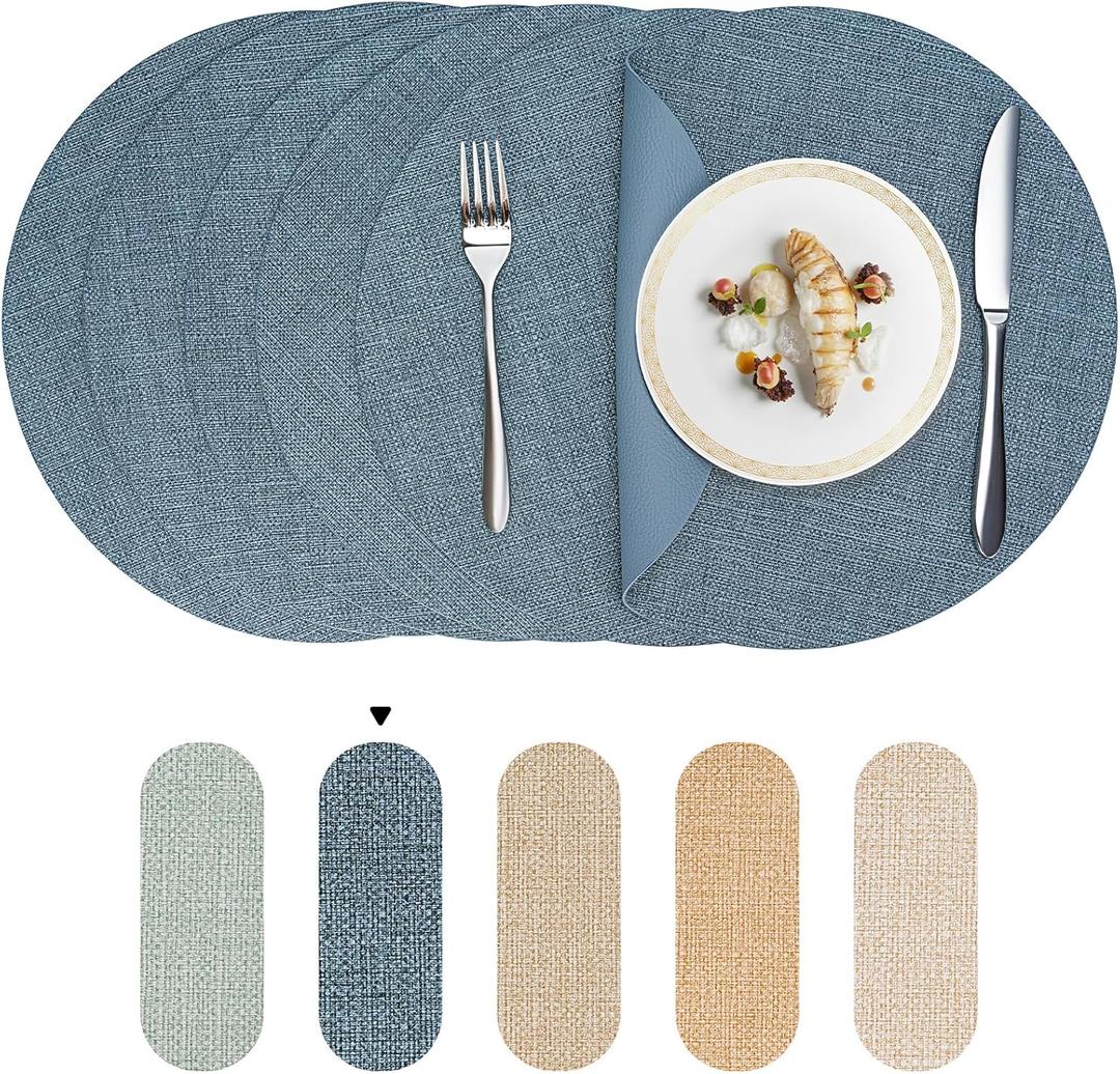 Round Wipeable Placemats Set of 6  Faux Leather Round Table Mats, Waterproof & Washable Vinyl Placemats, Circle Design for Dining Table Decor Charcoal Blue