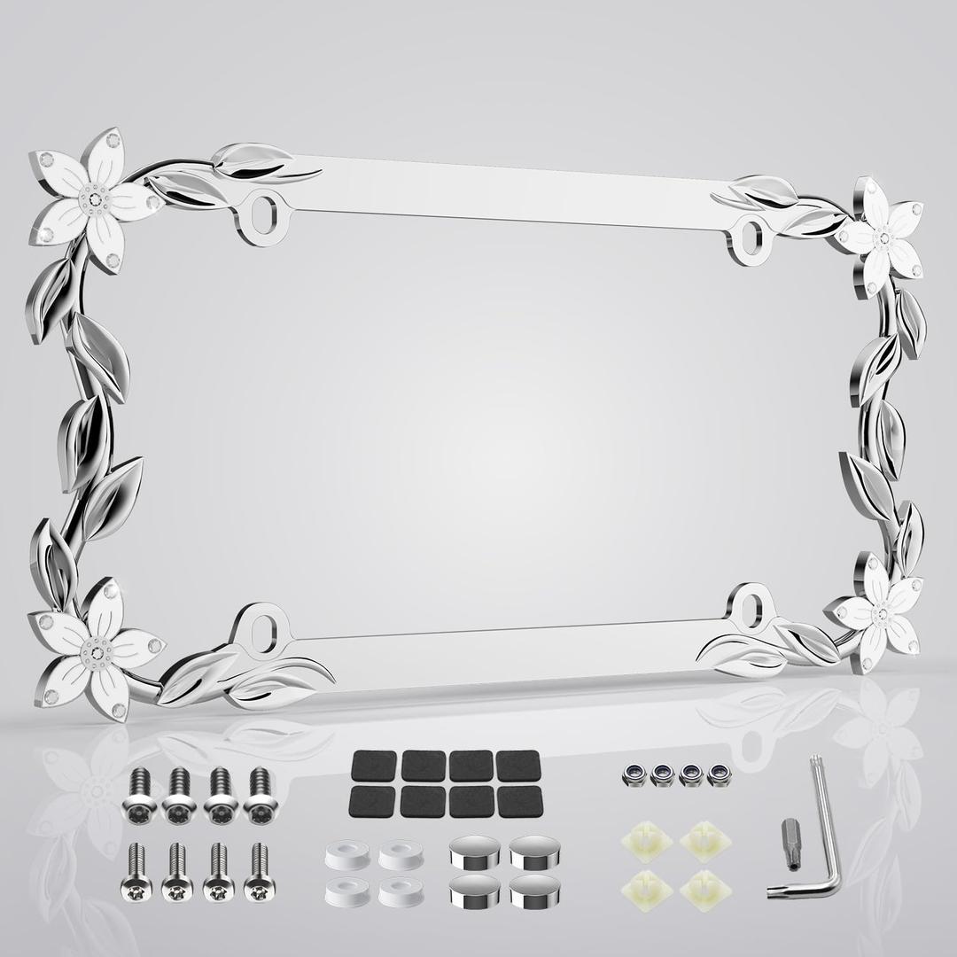 Flower Bling License Plate Frame Tag Holder Cover  Cute Girly Car Accessory for Women, 3D Shining Chrome Painted Zinc Alloy Metal, Trendy and Rust-Resistant Design, Fits US & Canada