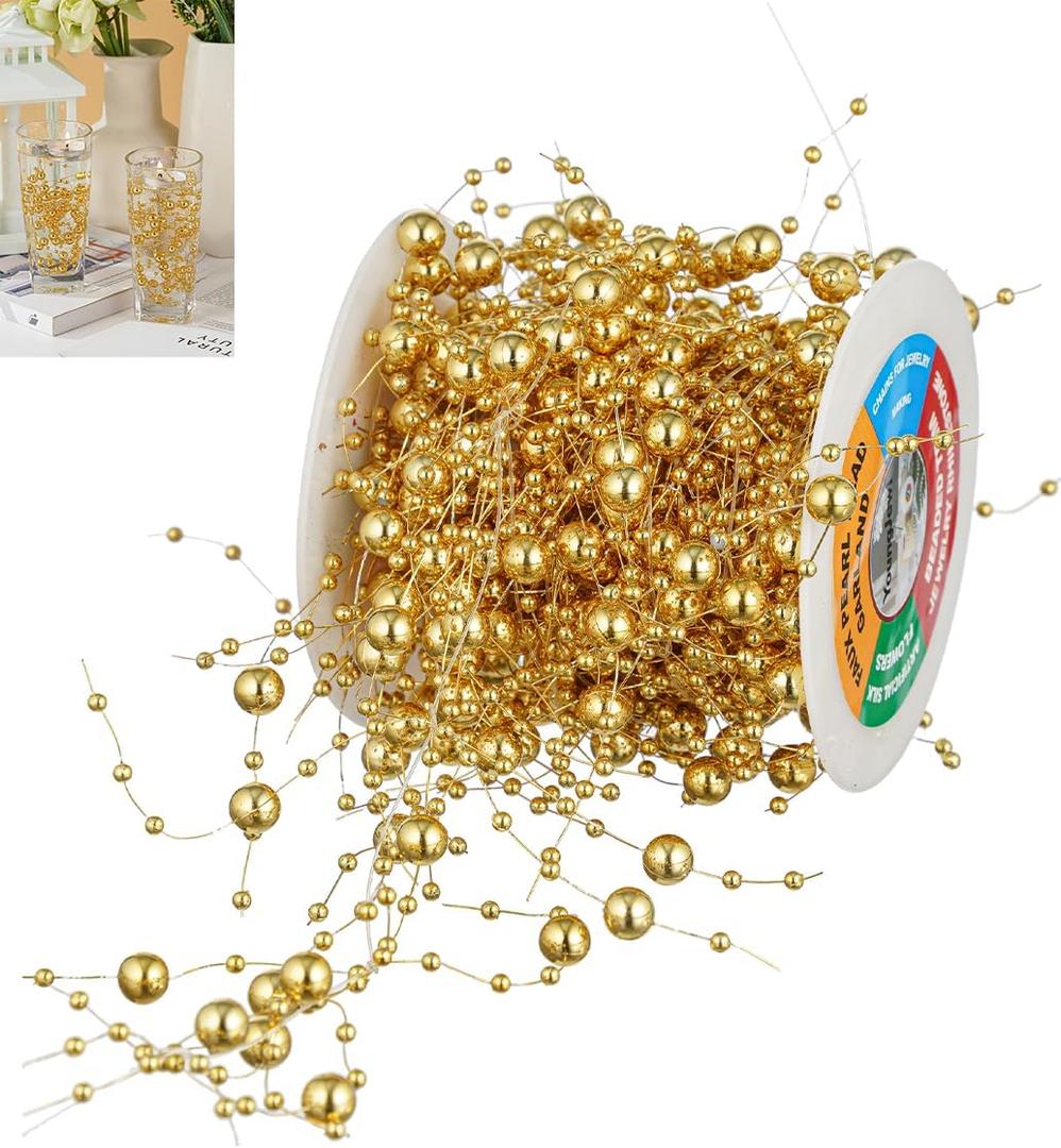 13 Feet Pearl String Spool Roll for Floating Candles Faux Pearls Strands Garland for Vase Filler Wedding Centerpiece Christmas Table Decor (Gold)