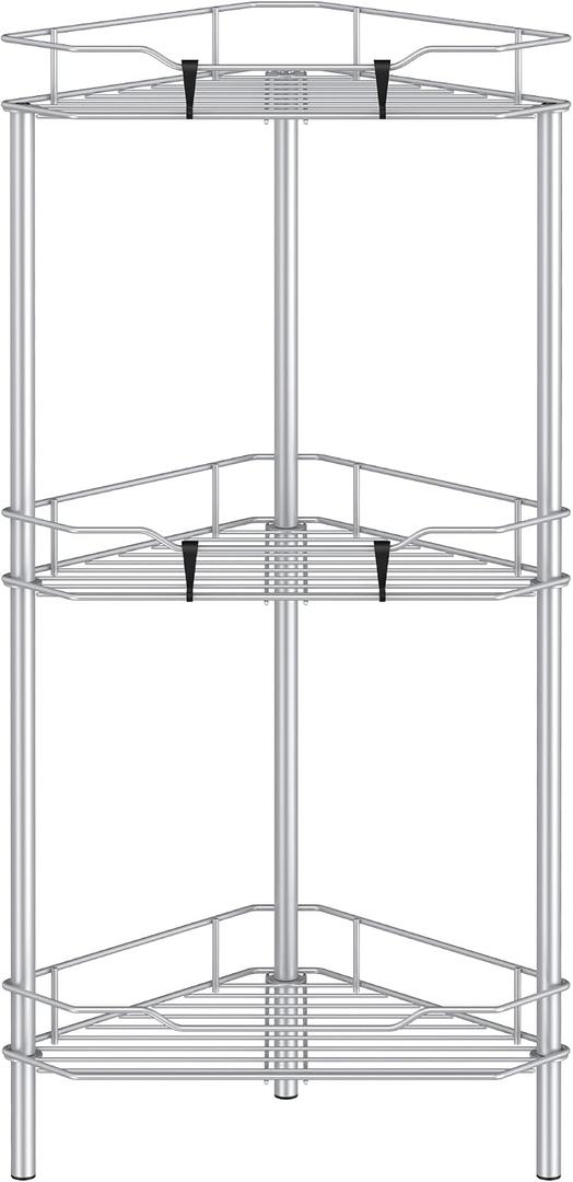 HuggieGems 3 Tier Floor Standing Corner Shower Caddy Organizer Shelf with Hooks, Bathroom Shelves Stand Rack, Silver