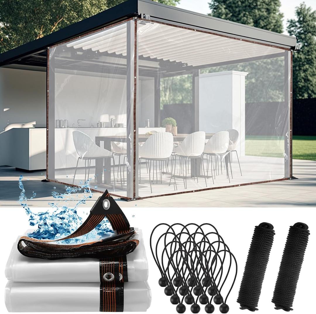 Windyun 2 Pack Heavy Duty Clear Tarps with Reinforced Edge Plastic Tarp Waterproof Plastic Cover Greenhouse Patio with Elastic Rope and Nylon Rope for Garden Furniture (10 x 10 ft)