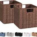 Vagusicc Wicker Storage Basket, Set of 2 Hand-Woven Storage Baskets for Shelves, Foldable Cube Storage Baskets Bins with Handles, 9 inch Small Wicker Baskets for Organizing Pantry Bedroom, Brown