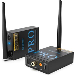 1Mii 2.4GHz Wireless Audio Transmitter and Receiver,48KHz/24bits HiFi Audio, 20ms Low Latency,328ft Long Range Wireless Subwoofer Kit for Speaker/Stereo/Soundbar,Optical/Coaxial/3.5mm(RCA) Ports.