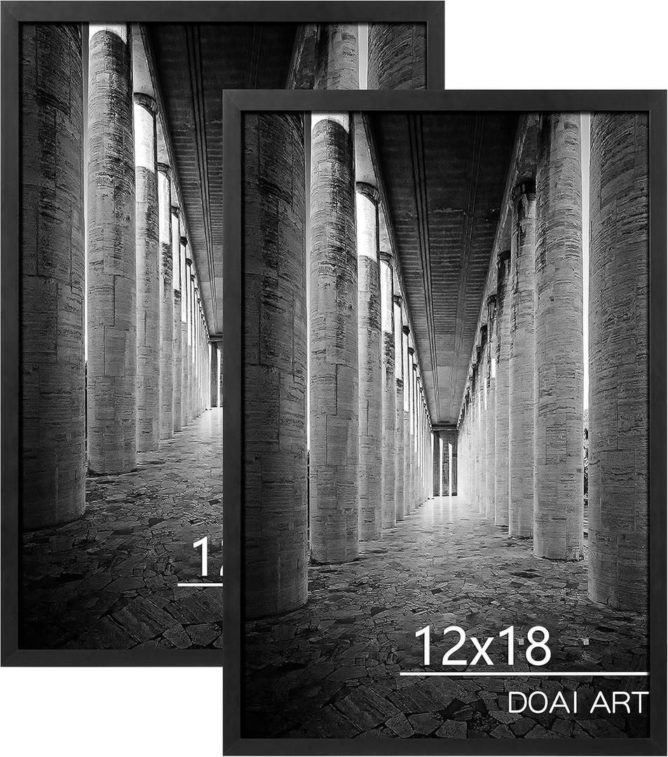 DOAI ART 12x18 Frame 2 Pack, Black 12 x 18 Poster Frame for Horizontal or Vertical Wall Mounting, 12x18 Picture Frame Scratch-proof Safe and Artistic Large Photo Frame Wall Art