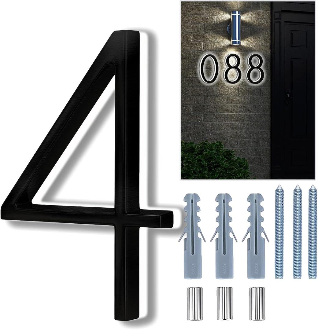 Backlit LED Home Address Numbers, 8 Inch House Numbers, Stainless Steel Hand-Polished Waterproof for House Address Signs, Lighted House Numbers for Outside Modern, Low-Voltage, Yard, Shop (4, Black)