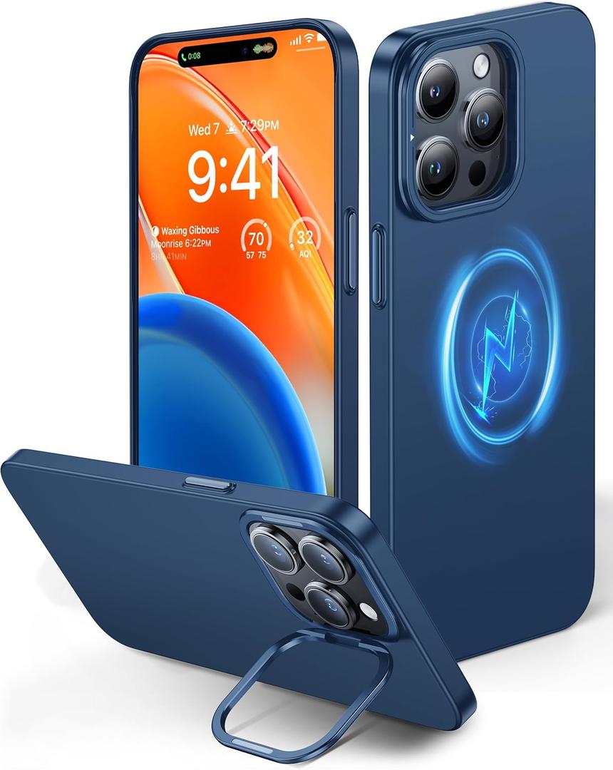 TORRAS Slim Fit Magnetic Stand for iPhone 15 Pro Case [Fit for MagSafe][Camera Kickstand][Ultra Slim& Ultra Thin] Anti-Scratch Matte Cover for iPhone 15 Pro Phone Case 6.1'',Blue Titanium