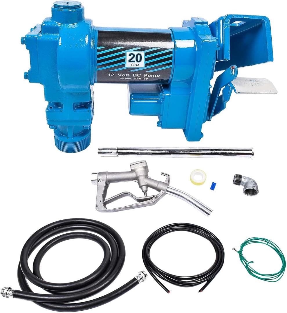 12 Volt 20 GPM Fuel Transfer Pump with Nozzle Kit for Transfer of Gasoline, Diesel, Kerosene, Ethanol & Methanol Blends & Biodiesel Blue (Fuse Required More than 50Amp)