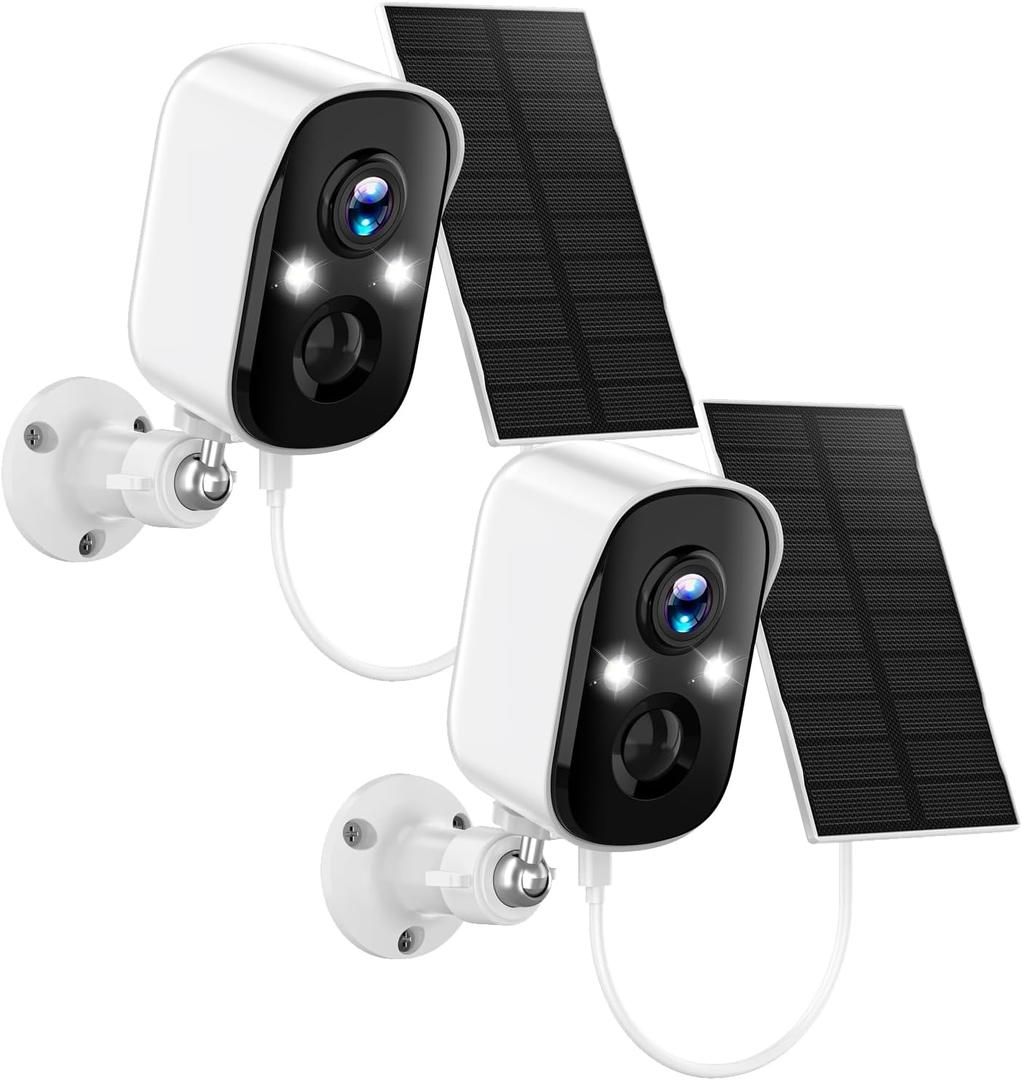 Solar Security Cameras Wireless Outdoor,2K Solar Camera Wireless for Home, 2.4GHz WiFi,Color Night Vision,Two-Way Talk,IP66 Waterproof,Two Spotlights,Cloud/SD (2 Packs,White)