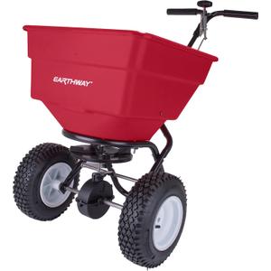 EarthWay Products 2170 100lb Broadcast Spreader Lawn Aerator, Fertilizer Spreader, Grass Seeder, Heavy-Duty Push Spreader with Adjustable Drop Rate, 13-Inch Pneumatic Tires, Side Spread Control, Red