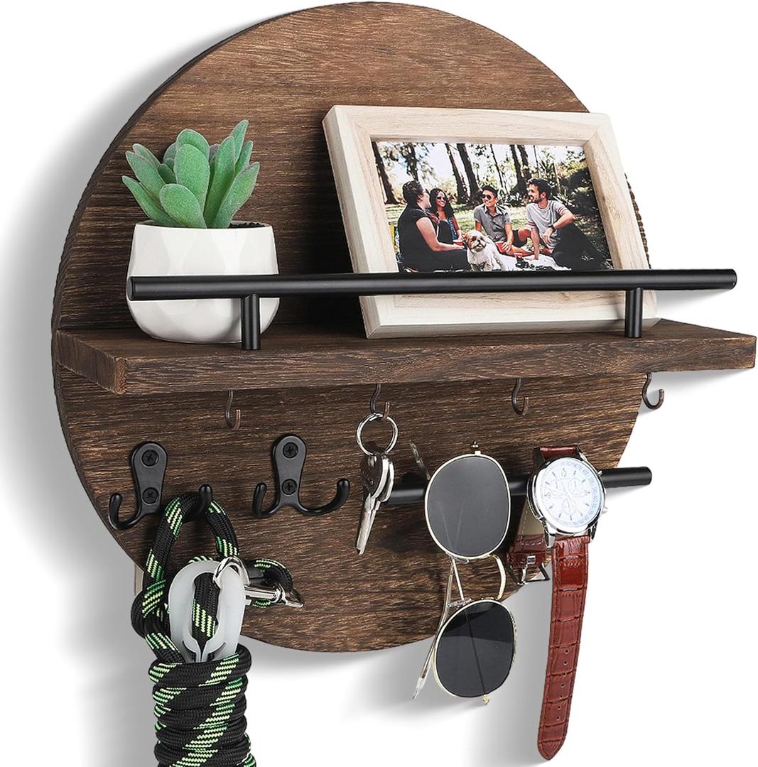 Key Holder for Wall Decorative with Shelf and Hooks, Unique Mail Organizer Wall Mount with Sunglasses Holder, Cute Circular Design Entryway Key Rack Hanger, Rustic Home Decor Boho Wall Decor (Brown)